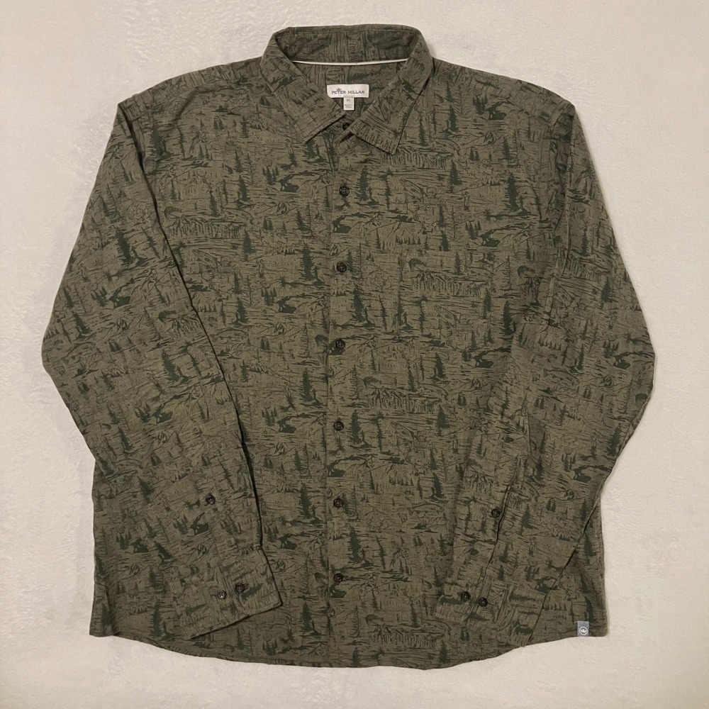 Peter Millar Outdoor Print Button Up Shirt Mens Size XL Long Sleeve Green Forest